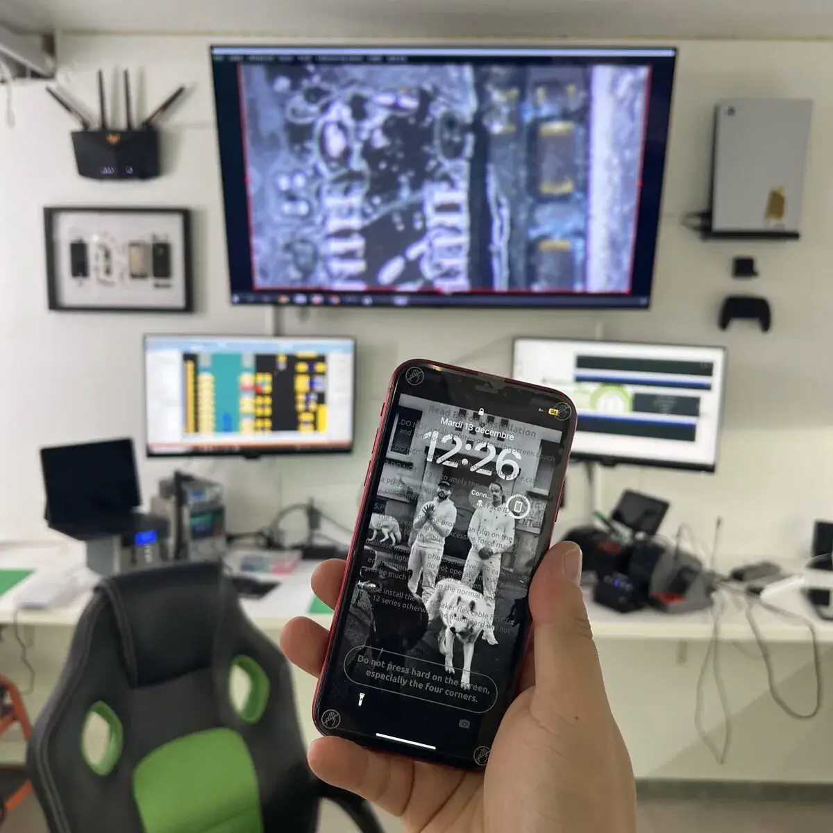 Diagnostic iPhone sous microscope à l'atelier Phonelab Store Genève